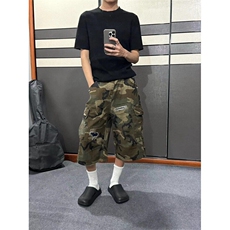 春夏季新款补丁破洞迷彩七分裤男女美式复古宽松休闲直筒工装短裤，男装牛仔裤，星座601-1