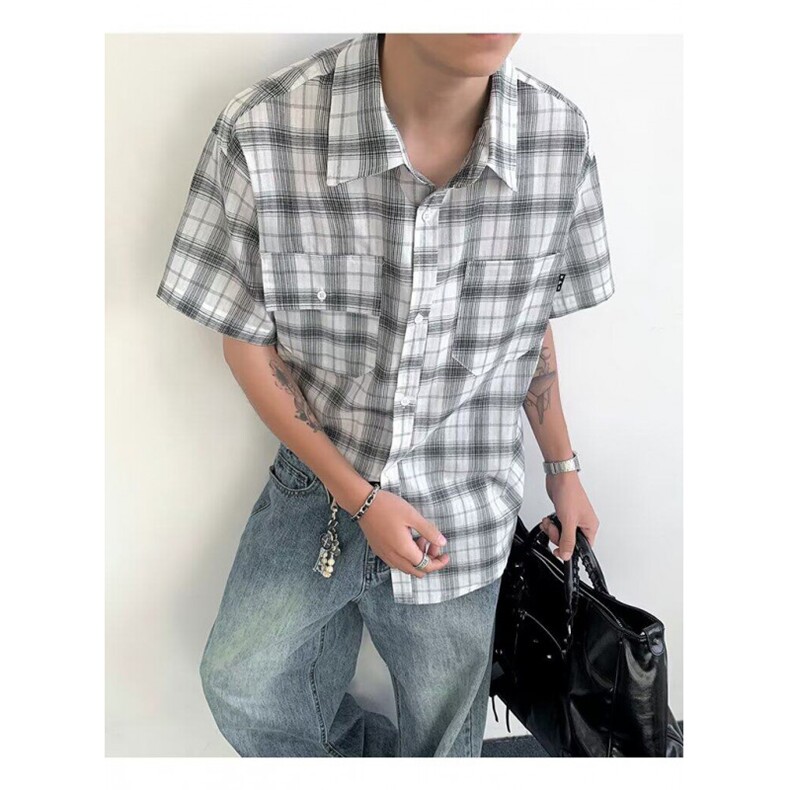 复古衬衫男夏装港风学生宽松小众设计感趣味新款男装上衣外穿,男装衬衫,四季星座505