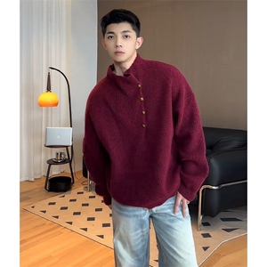 安可拉红半高领毛衣男款秋冬季慵懒高级感cleanfit斜扣针织衫外套图片