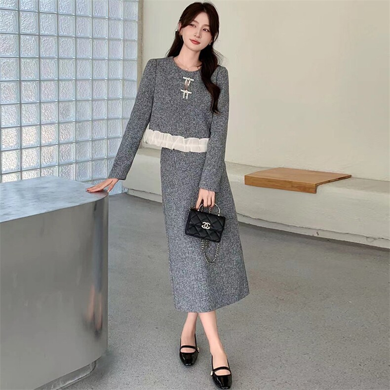 2025秋季新款泡泡袖烫钻荷叶边外套小香风套装时尚半身裙两件套，女装套装/套裙，心心服饰
