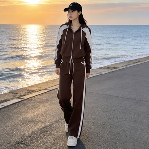 时尚炸街休闲运动套装女春季新款撞色连帽拉链外套阔腿裤两件套潮