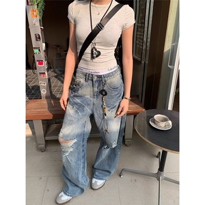 美式复古破洞字母刺绣牛仔裤男女宽松休闲直筒阔腿百搭长裤图片
