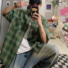 特批2025港风宽松磨毛彩格短袖衬衫男生衬衣S220P38控58，男装衬衫，电商A247