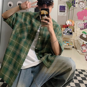 特批2025港风 宽松磨毛彩格短袖衬衫男生衬衣 S220 P38控58图片