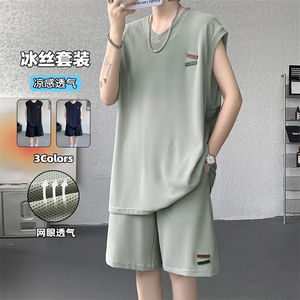 特批P60无差价夏季网眼透气薄款冰丝皮标男大码背心两件套TZ5588图片