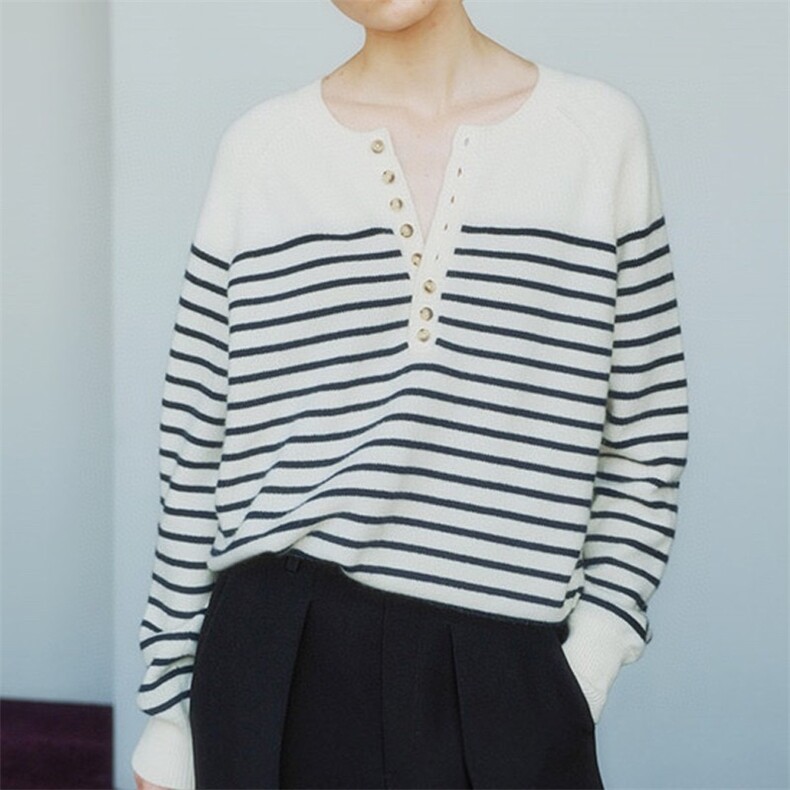 法式2021年新款秋冬羊绒衫女薄款宽松圆领羊毛条纹上衣打底毛衣，女装针织衫/毛衣，美莎羊绒