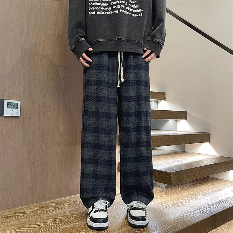 格子休闲裤男士潮牌美式vintage工装裤子宽松阔腿毛呢裤,男装休闲裤,星座410-7