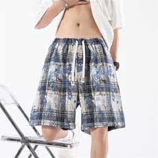 2026春装新款美式扎染格子短裤五分裤男潮流K9902/特P25蓝色，男装休闲裤，电商A094