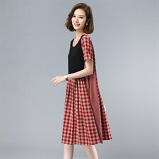 时尚拼接格纹连衣裙显瘦修身大码女装优雅气质短袖裙装，女装连衣裙，依恋蒂丝