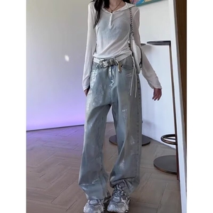 烫银色高腰天丝阔腿牛仔裤女秋季新款美式小众梨形身材垂感拖地裤图片