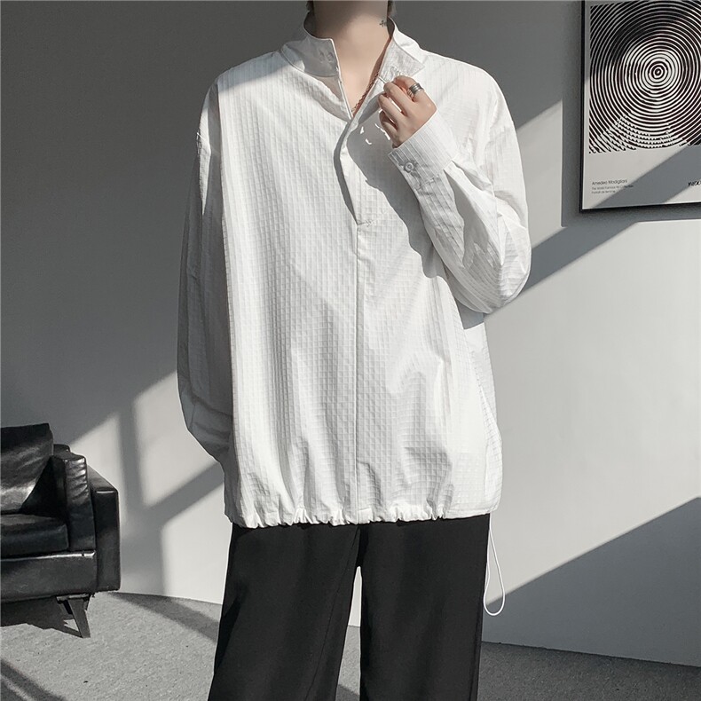 时尚立领棒球服衬衫韩版户外宽松抽绳防晒外套衬衫男冲锋衣P42,男装防晒衣,电商B319
