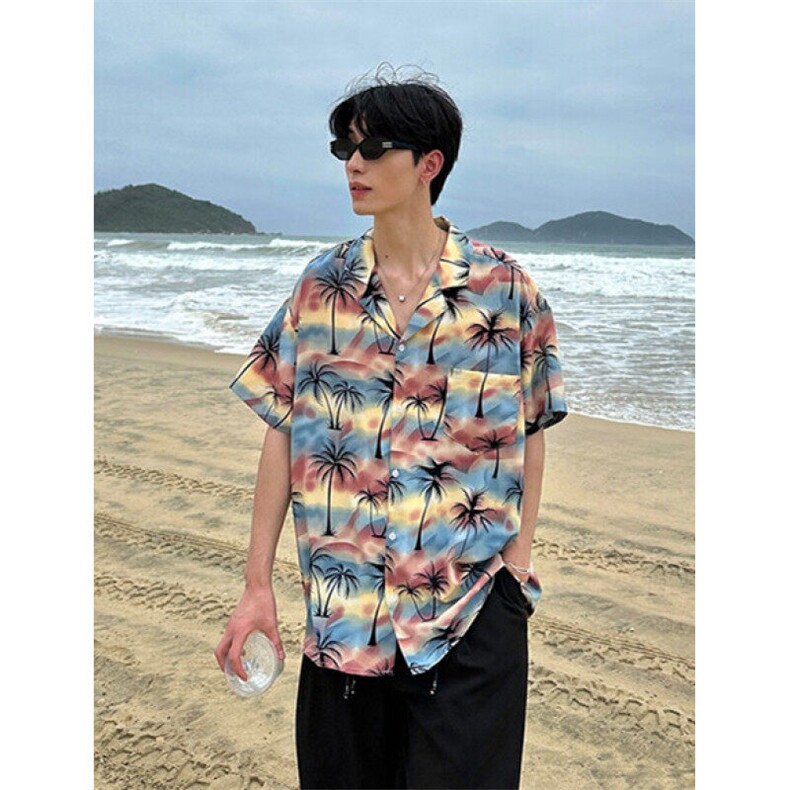 夏季复古古巴领碎花衬衫男女宽松港味夏威夷沙滩短袖衬衣 C2402图片