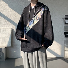 WY10200-特批40春季新款连帽设计感拼接撞色宽松大码扎染卫衣男，男装卫衣，电商A059