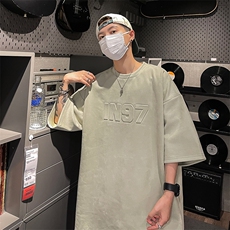 麂皮绒短袖t恤男夏季美式复古重磅钢印宽松情侣半袖潮D342P38，男装T恤，电商A335-1（原A458）