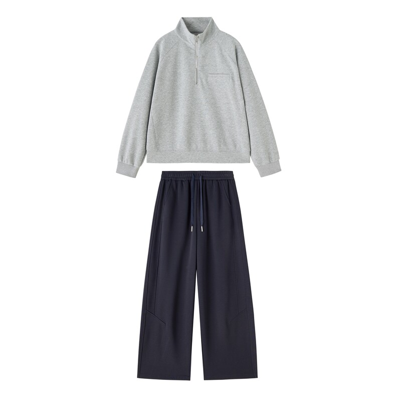 灰色卫衣套装女春高级感超好看立领纯色上衣直通宽松休闲裤两件套，女装卫衣/绒衫，梦懿尔