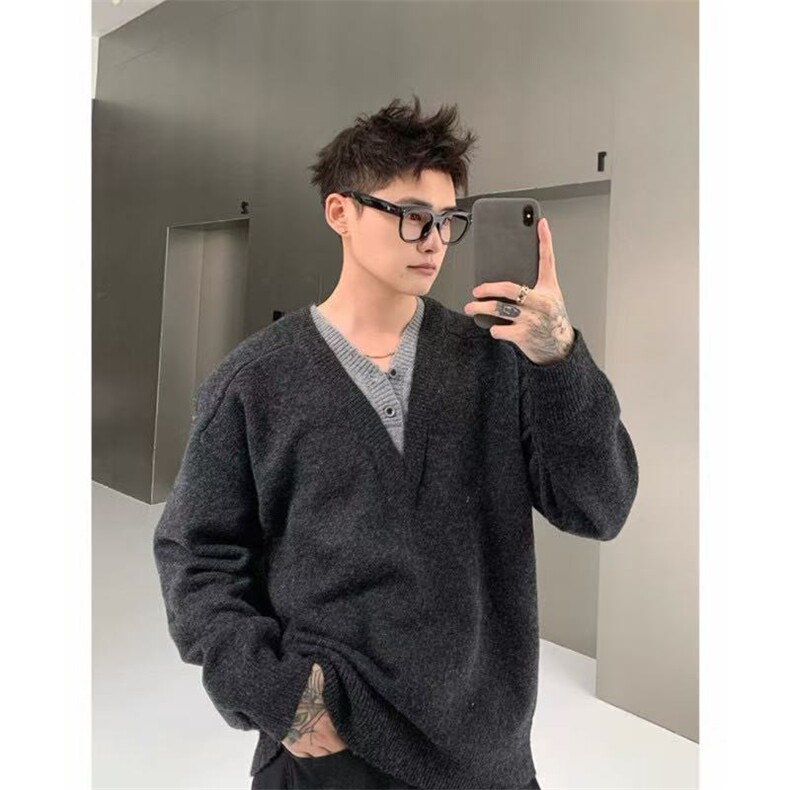 老钱风假两件v领毛衣男秋松弛感慵懒风大朗针织衫情侣内搭打底衫,男装针织衫/毛衣,电商A058-1（原电商C417）