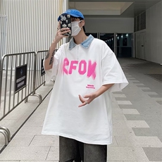 HY2369-P32撞色牛仔翻领字母印花短袖T恤男夏季ins潮牌宽松半袖，男装T恤，电商C233
