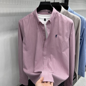 春秋季新品男士长袖衬衫条纹时尚刺绣休闲高端衬衣大码衬衫潮上衣图片