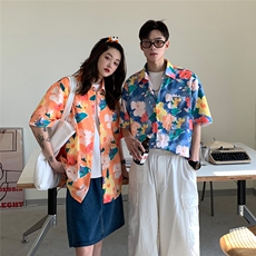 旅游短袖衬衫夏季宽松情侣装外套潮流ins港风休闲沙滩花衬衫女，女装衬衫，电商C306-1