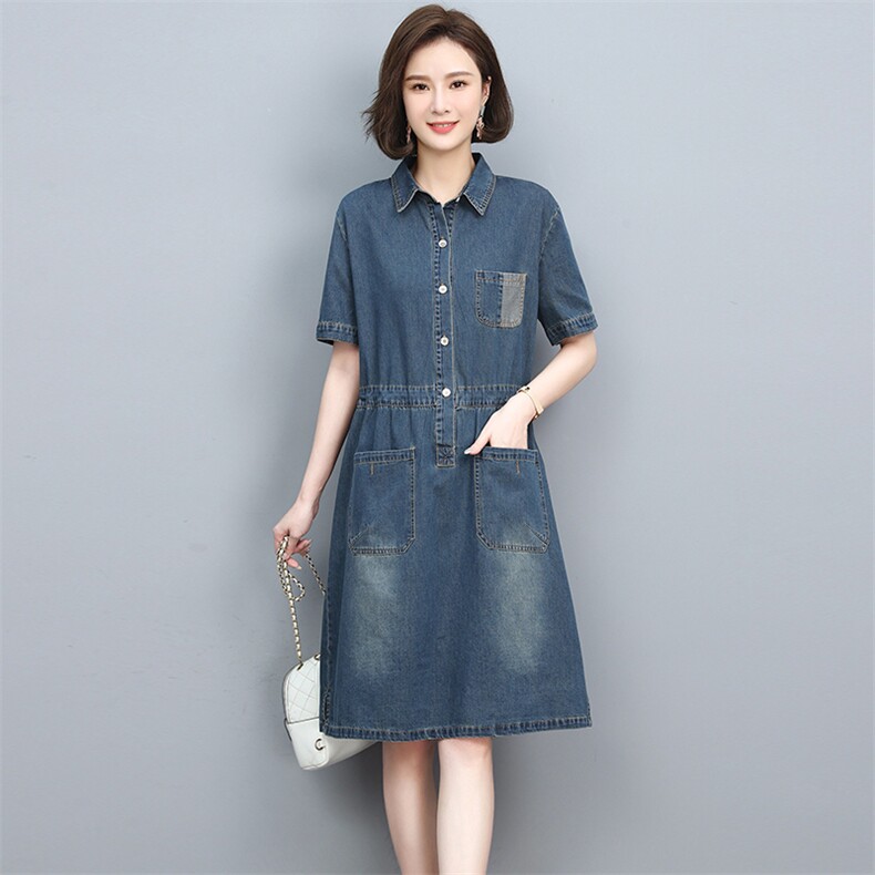 2022夏季新款时尚气质翻领收腰显瘦休闲舒适牛仔连衣裙，女装牛仔裙，忆绮罗