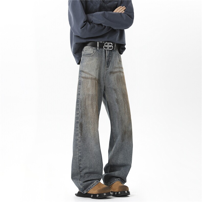 破洞牛仔裤男美式复古潮牌痞帅扎染工装阔腿高街显瘦弯刀长裤P60，男装牛仔裤，星座610B-1