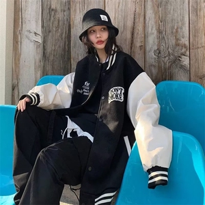 潮拼接pu皮袖毛巾绣外套街头女秋季夹克XJ38P65