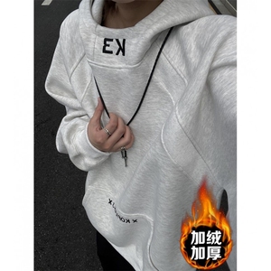 白花灰色高领连帽加绒卫衣男女秋冬美式拼接刺绣外套硬挺内搭套头图片