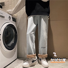 k808J-p55-控78M-5XL水晶绒加绒黄泥色港风高阶宽松牛仔裤微喇，男装牛仔裤，星座116