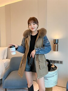牛仔拼接派克服图片
