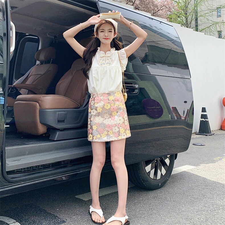 【原创现货】夏装新款新中式轻风飞飞袖小衫+亮片花朵短裙,女装套装/套裙,先锋丽姿
