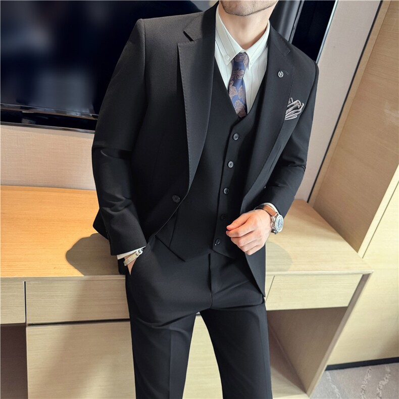 秋冬主推~免烫抗皱色织高档面料纯色西装三件套西服SJT8065-P285,男装西服,电商A213