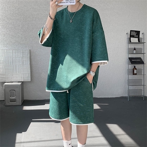 TZ775-特P50 控88 新款撞色拼接假2件套装短袖短裤T恤大码百搭图片