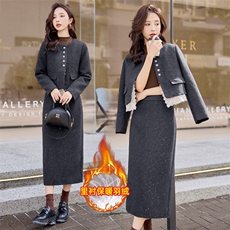 2024新款冬软糯小香羽绒服拼接蕾丝花边白鸭绒套装裙，女装套装/套裙，韩蜜菓