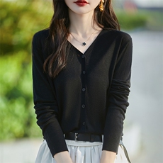 精纺水溶羊毛V领针织开衫女薄款宽松休闲百搭通勤长袖防晒衣外套，女装针织衫/毛衣，暖烁羊绒