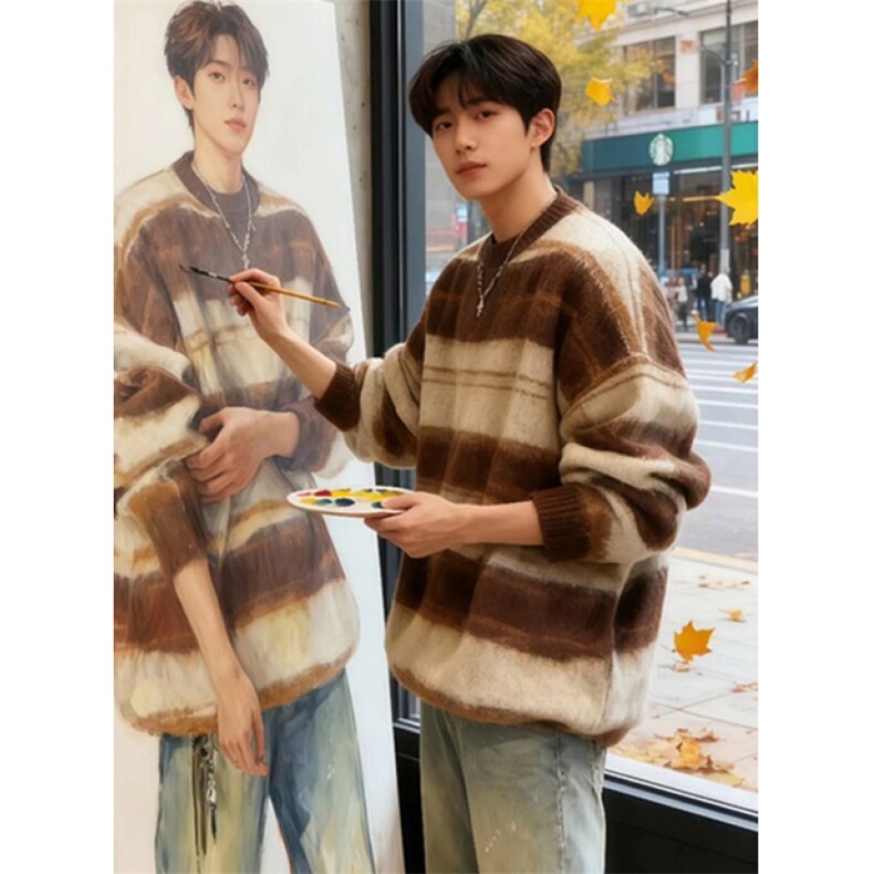 马海毛针织衫男冬美式条纹休闲毛衣宽松情侣百搭上衣MH2314，男装针织衫/毛衣，星座1116A（原606A-3）