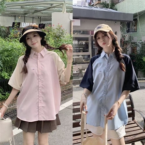 夏季低饱和色系复古插肩短袖衬衫女2025年情侣百搭刺绣Polo领上衣图片