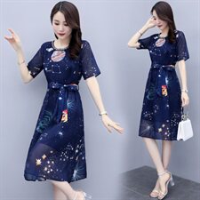 碎花2021年夏季订珠系带收腰时尚气质中长款百搭韩版优雅连衣裙，女装连衣裙，瑶迪依秀