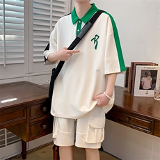 夏装新款运动休闲短裤T恤拼接牙刷绣短袖套装男女6626-P65控价88，男装T恤，电商A441-1