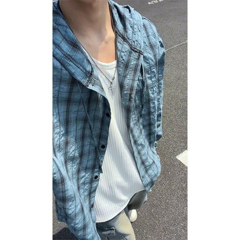 防晒宽松长袖衬衣复古格子男女美式外套旅行户外防紫外线聚酯纤维，男装衬衫，星座1210-1