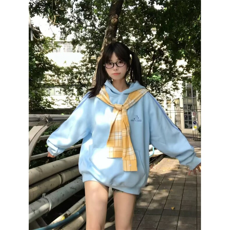 W10436-P53 网图现货 美式复古可拆卸格子披肩连帽卫衣宽松外套图片