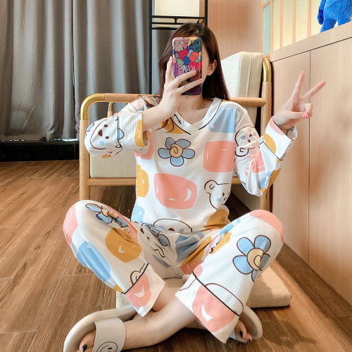 睡衣女秋季V领可爱家居服两件套装可外穿，睡衣套装，潮品会