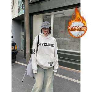 EE168-P75 纯棉华棉秋冬加绒加厚2024潮刺绣设计感连帽保暖上衣图片