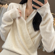 早春新款100%纯羊毛衫女交叉V领宽松套头裹胸毛衣羊绒针织打底衫，女装羊毛衫，羿纯羊绒