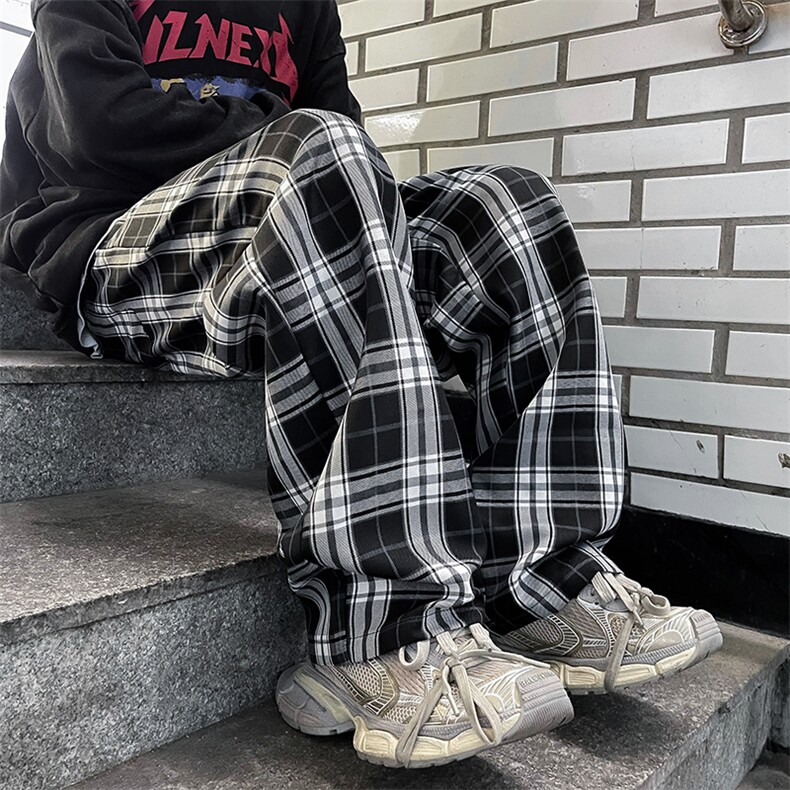港风秋款男休闲裤纯棉千鸟格子拼接直筒宽松长裤H880 P38图片