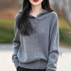 欧货连帽浅米色羊毛长袖针织开衫毛衣女2025春季新款减龄休闲上衣，女装羊毛衫，萱芳婷羊绒