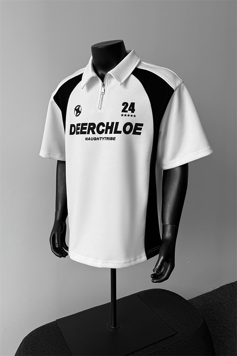 405A高街美式翻领半拉链设计感印花polo短袖T恤T2533-P45控68，男装T恤，星座405A