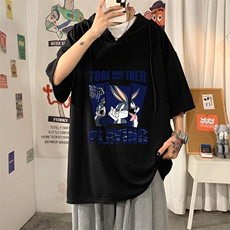 LD54234-P45连帽短袖t恤男大码胖子带帽五分袖中袖海报风，男装T恤，电商A040