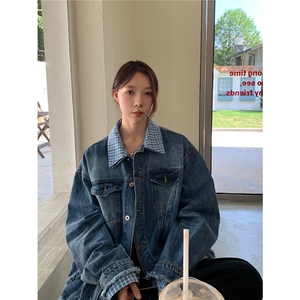 秋冬季新款蓝白格子撞色翻领假两件刺绣宽松休闲夹克女外套图片