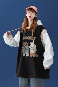 中性 秋季潮流2小熊印花宽松拼接连帽卫衣 B177JR P65控88加绒P75图片