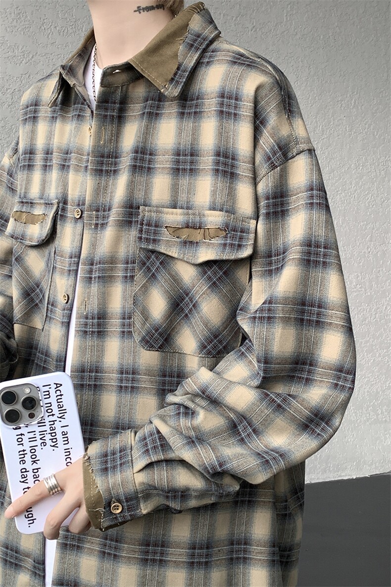 美式复古拼接撞色设计感秋季格子长袖衬衣男宽松衬衣CS538P65,男装衬衫,电商D206-1